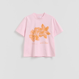 Bawełniany t-shirt z nadrukiem - L - pastelowy róż - damska - Reserved - 403HT-03X