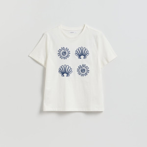 T-shirt z aplikacją - L - złamana biel - damska - Reserved - 416HT-01X