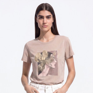 Bawełniany t-shirt z nadrukiem - M - beżowy - damska - Reserved - 420HT-08X