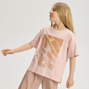 T-shirt z nadrukiem - 122/128 (6-8 lat) - pastelowy róż - dziewczynki - Reserved - 423HU-03X