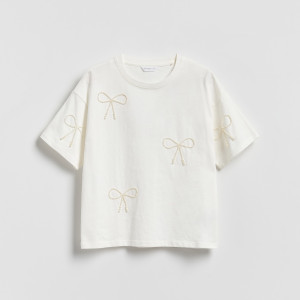 Bawełniany t-shirt z aplikacjami - 128 (7-8 lat) - złamana biel - dziewczynki - Reserved - 436HU-01X