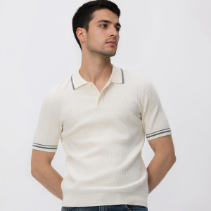 Sweter polo z bawełną - M - złamana biel - męska - Reserved - 437FX-01X