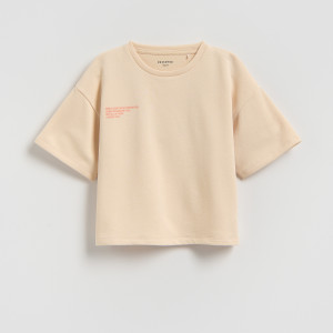 Luźny t-shirt z nadrukiem - 146 (10 lat) - beżowy - dziewczynki - Reserved - 440HU-08X