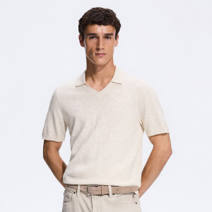 Sweter polo z dodatkiem lnu - XL - beżowy - męska - Reserved - 443JR-08M