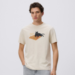 T-shirt regular z nadrukiem - L - beżowy - męska - Reserved - 453IW-08X