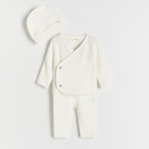 Bawełniany komplet z czapką - 80 (9-12 m.) - złamana biel - chłopcy - Reserved - 4544S-01X