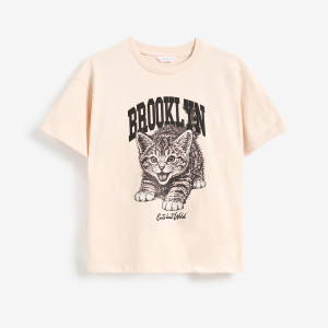 Luźny t-shirt z nadrukiem - 140 (9 lat) - kremowy - dziewczynki - Reserved - 461HU-02X