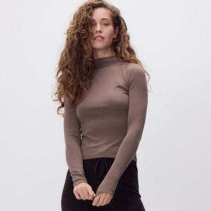 Gładki longsleeve - XS - brązowy - damska - Reserved - 485GA-84X