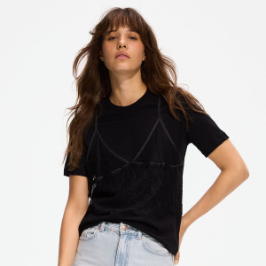 T-shirt z koronkowym topem - S - czarny - damska - Reserved - 486GA-99X