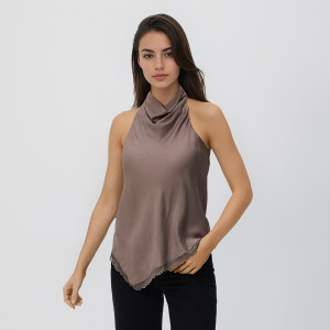 Satynowy top z koronką - XL - beżowy - damska - Reserved - 490KH-08X
