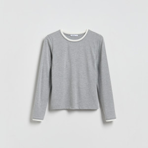 Longsleeve z kontrastową lamówką - S - jasnoszary - damska - Reserved - 491KL-09M