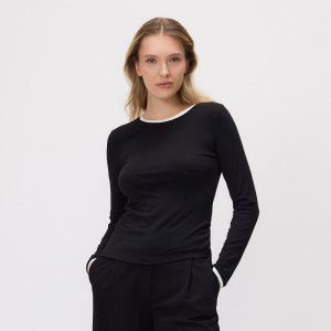 Longsleeve z kontrastową lamówką - XL - czarny - damska - Reserved - 491KL-99X