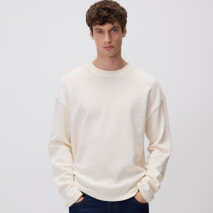Ażurowy longsleeve - M - złamana biel - męska - Reserved - 500IW-01X