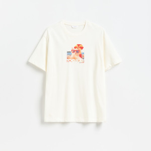 T-shirt regular z nadrukiem - L - złamana biel - męska - Reserved - 507IO-01X