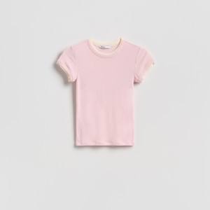 T-shirt z kontrastową wstawką - L - pastelowy róż - damska - Reserved - 519KL-03X