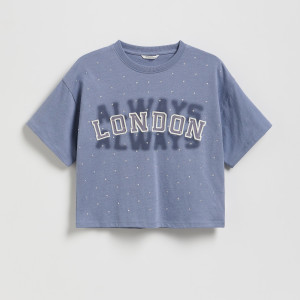 T-shirt z aplikacją - 158/164 (12-13 lat) - niebieski - dziewczynki - Reserved - 523FT-55M