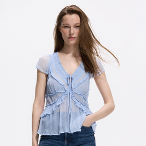 Bluzka z falbanami - M - jasnoniebieski - damska - Reserved - 540KS-05X