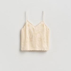 Lniany top z haftem - L - kremowy - damska - Reserved - 548IY-02X