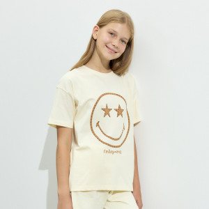 T-shirt SmileyWorld® - 116 (5-6 lat) - beżowy - dziewczynki - Reserved - 550GW-08X