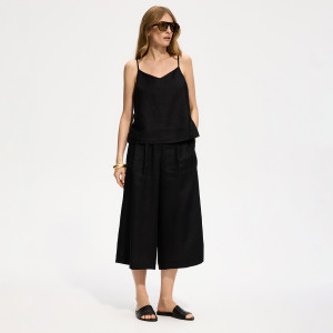 Spodnie culotte z lnu - L - czarny - damska - Reserved - 583KK-99X