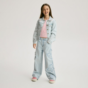 Jeansy wide leg z aplikacjami - 140 (9 lat) - niebieski - dziewczynki - Reserved - 620FZ-05J