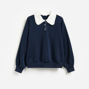 Bluza z ozdobnym kołnierzem - L - granatowy - damska - Reserved - 629KE-59X
