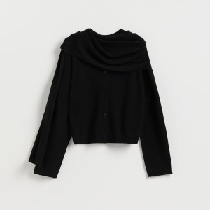 Kardigan z szalem z wełną - XL - czarny - damska - Reserved - 642HO-99X