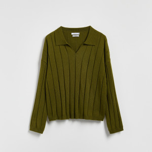 Sweter polo z wełną - L - oliwkowy - damska - Reserved - 656HO-91X