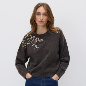 Sweter z ozdobnymi aplikacjami - S - ciemnobrązowy - damska - Reserved - 660HO-89M