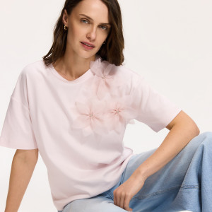 T-shirt z kwiatową aplikacją - S - pastelowy róż - damska - Reserved - 666LD-03X