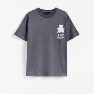 T-shirt z nadrukiem Pembe the Pink Cat - 134 (8 lat) - ciemnoszary - dziewczynki - Reserved - 671HU-90X