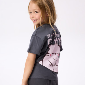 T-shirt z nadrukiem Pembe the Pink Cat - 134 (8 lat) - ciemnoszary - dziewczynki - Reserved - 671HU-90X