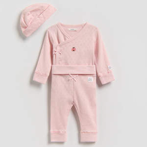 Bawełniany komplet z czapką - 62 (1-3 m.) - pastelowy róż - dziewczynki - Reserved - 688IM-03X