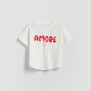 T-shirt z nadrukiem - 116 (5-6 lat) - złamana biel - dziewczynki - Reserved - 696HU-01X