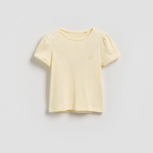 Prążkowany t-shirt z haftem - 104 (3-4 lata) - jasnożółty - dziewczynki - Reserved - 703HU-10X