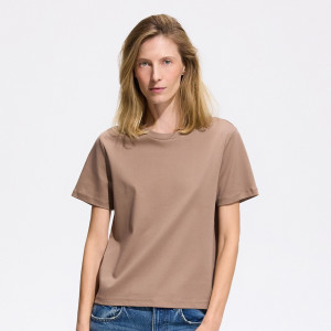 T-shirt z bawełny merceryzowanej - L - beżowy - damska - Reserved - 704LD-80X