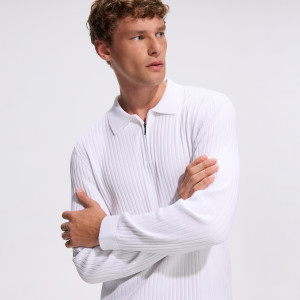 Prążkowany sweter polo - L - biały - męska - Reserved - 707JU-00X