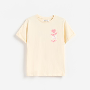 Bawełniany t-shirt z nadrukiem - 128 (7-8 lat) - kremowy - dziewczynki - Reserved - 775KC-02X