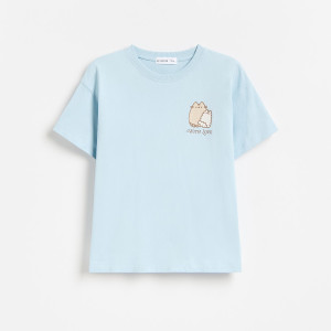 T-shirt z nadrukiem Pusheen - 152 (11 lat) - jasnoniebieski - dziewczynki - Reserved - 777KC-05X
