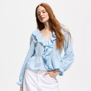Ażurowa bluzka z falbanami - XL - jasnoniebieski - damska - Reserved - 780JY-50X
