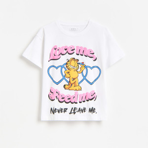 Bawełniany t-shirt Garfield - 116 (5-6 lat) - złamana biel - dziewczynki - Reserved - 799KC-01X