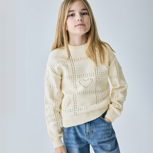 Sweter z ażurowym wzorem - 116 (5-6 lat) - złamana biel - dziewczynki - Reserved - 803IE-01X