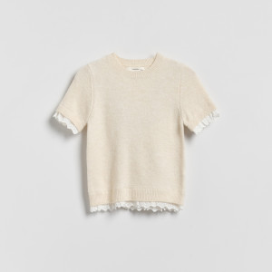 Sweter z koronką - 128 (7-8 lat) - kremowy - dziewczynki - Reserved - 806IE-02M