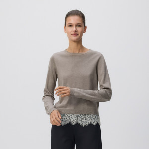 Sweter z koronkowym zdobieniem - L - brązowy - damska - Reserved - 806IM-84X