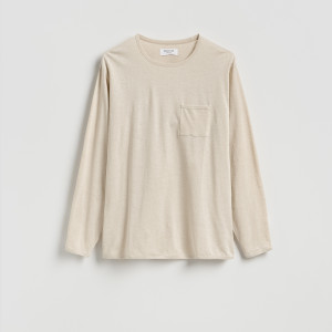 Longsleeve regular z lnem - M - beżowy - męska - Reserved - 845JM-08M