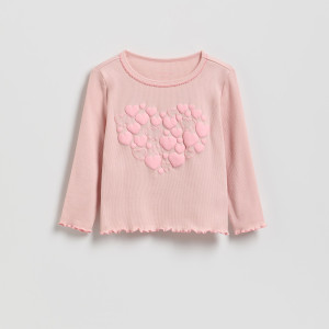 Prążkowana koszulka z nadrukiem - 104 (3-4 lata) - pastelowy róż - dziewczynki - Reserved - 882HT-03X