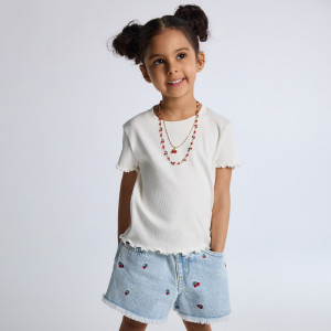 Jeansowe szorty paperbag z haftem - 104 (3-4 lata) - niebieski - dziewczynki - Reserved - 885HN-05J