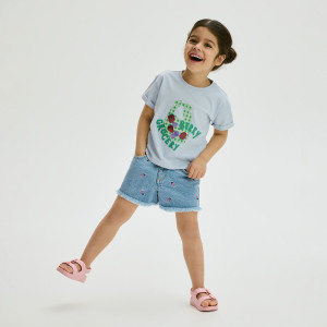 Jeansowe szorty paperbag z haftem - 104 (3-4 lata) - niebieski - dziewczynki - Reserved - 885HN-50J