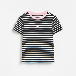Prążkowany t-shirt z haftem - 116 (5-6 lat) - czarny - dziewczynki - Reserved - 894KC-99X