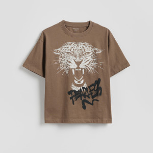 Bawełniany t-shirt z nadrukiem - 158 (12 lat) - oliwkowy - chłopcy - Reserved - 895HR-81X